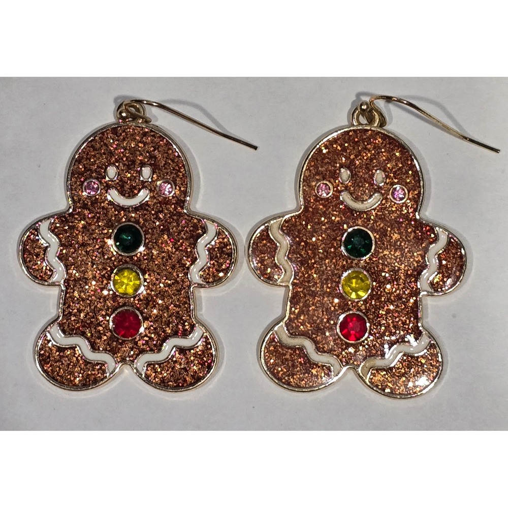 Gingerbread Man Christmas Drop Earrings Brown Glitter Rhinestone Holiday Gold